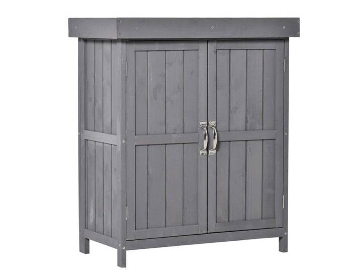 Coffre de jardin en sapin double porte 74x43x88cm 2 compartiments rangement outils extérieur résistant gris foncé