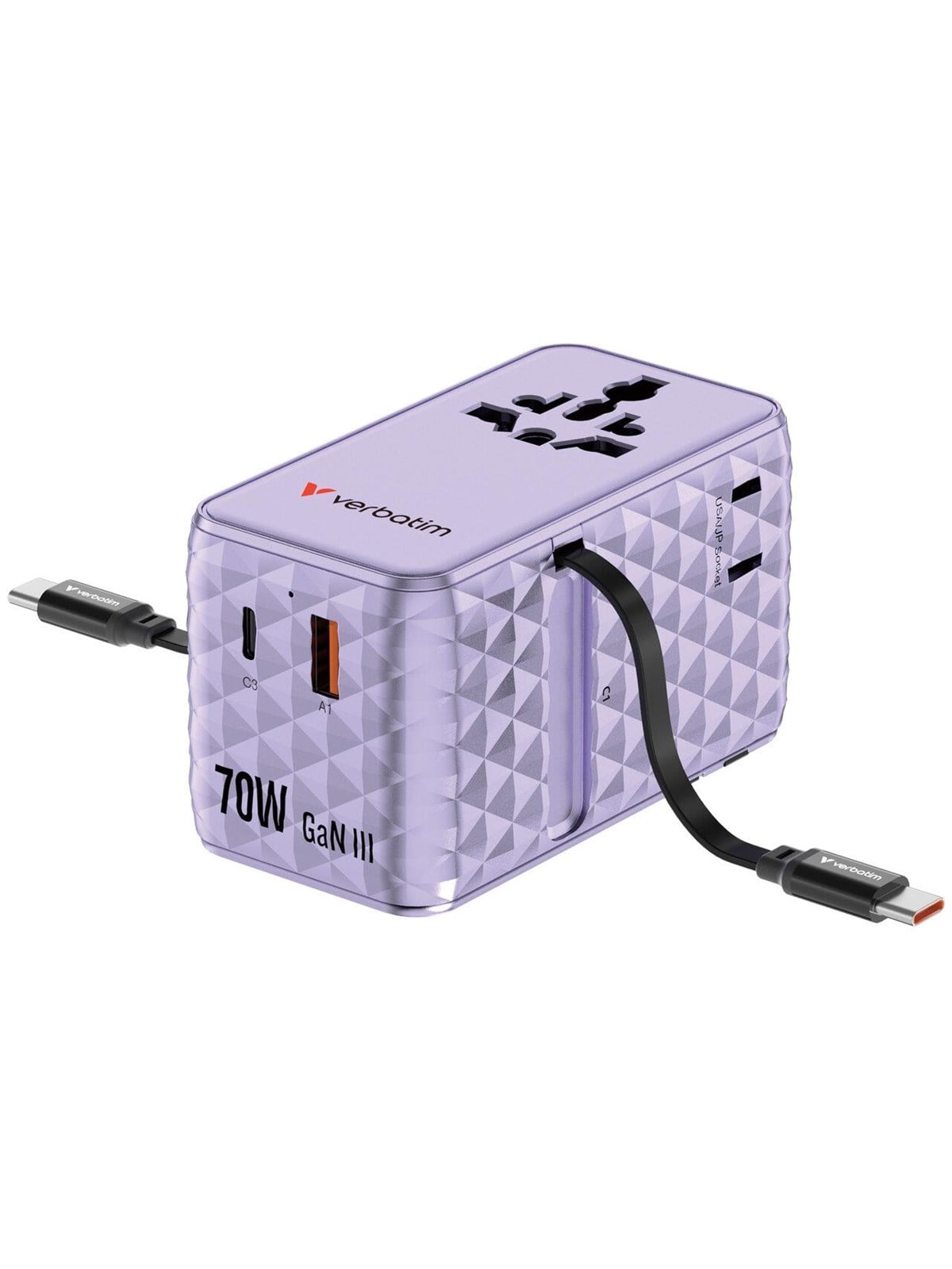 Verbatim Charge 'n' Travel 70W 2C retractable Universal Travel Adapter - Purple
