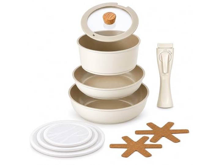 NEOFLAM® Pfannenset Topfset Induktion, abnehmbarer Griff 8-teilig, Antihaft-Keramik-Kochgeschirr-Set, Pfanne 24cm, Hochrandpfanne 26cm, Topf 20cm, Stapelbar, Platzsparend, für alle Herdarten, Ofenfest