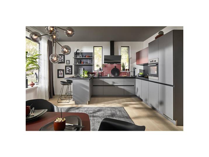 Welnova Eckküche Win, Anthrazit, Rot, U-Form, nur wie online abgebildet bestellbar, 340x305 cm, Made in Germany, seitenverkehrt erhältlich, vormontierter Korpus, Küchen, Eckküchen, Eckküchen ohne Geräte