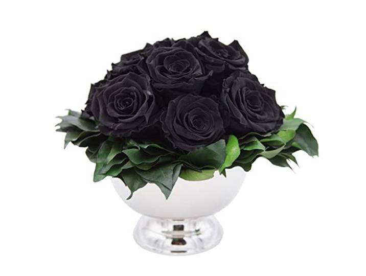 ROSEMARIE SCHULZ Heidelberg Infinity Blume in silberfarbenen Becher ewige Rose konserviert Blumenstrauß langhaltend (Schwarz, 11 Rosen)