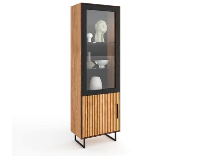 möbelando Vitrine >Eddie< in Eiche/schwarz, Eiche teilmassiv - 54x197x40cm (BxHxT)