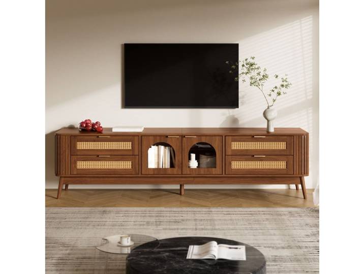 VUENOR Meuble TV 180 cm noyer avec LED 4 tiroirs et 2 portes en verre