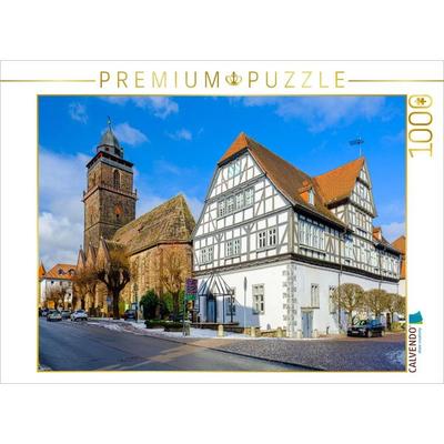 CALVENDO Puzzle Bahnhofstraße mit Rathaus und Kirche | 1000 Teile Lege-Größe 64x48cm Foto-Puzzle für glückliche Stunden