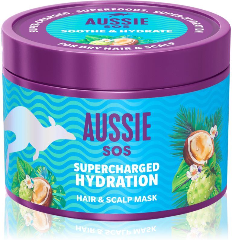 Aussie SOS Supercharged Hydration beruhigende feuchtigkeitsspendende Maske für Haare und Kopfhaut 500 ml