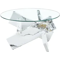 OKWISH Couchtisch rund 79x79x45 cm MDF+Glas Transparent+Weiß mit Glasplatte 0,8 cm Kreuzgestell Marmoroptik, modern pflegeleicht