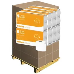Toilettenpapier Wepa Satino HiCycle hochweiß 2-lagig Palette Palette 2112 Rollen x 250 Blatt, Waffelprägung, Recycling