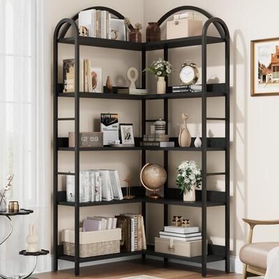 "Garvee Arched Corner Bookshelf, 68.5"" Tall 5-Tier Industrial Wood and Metal Bookcase"