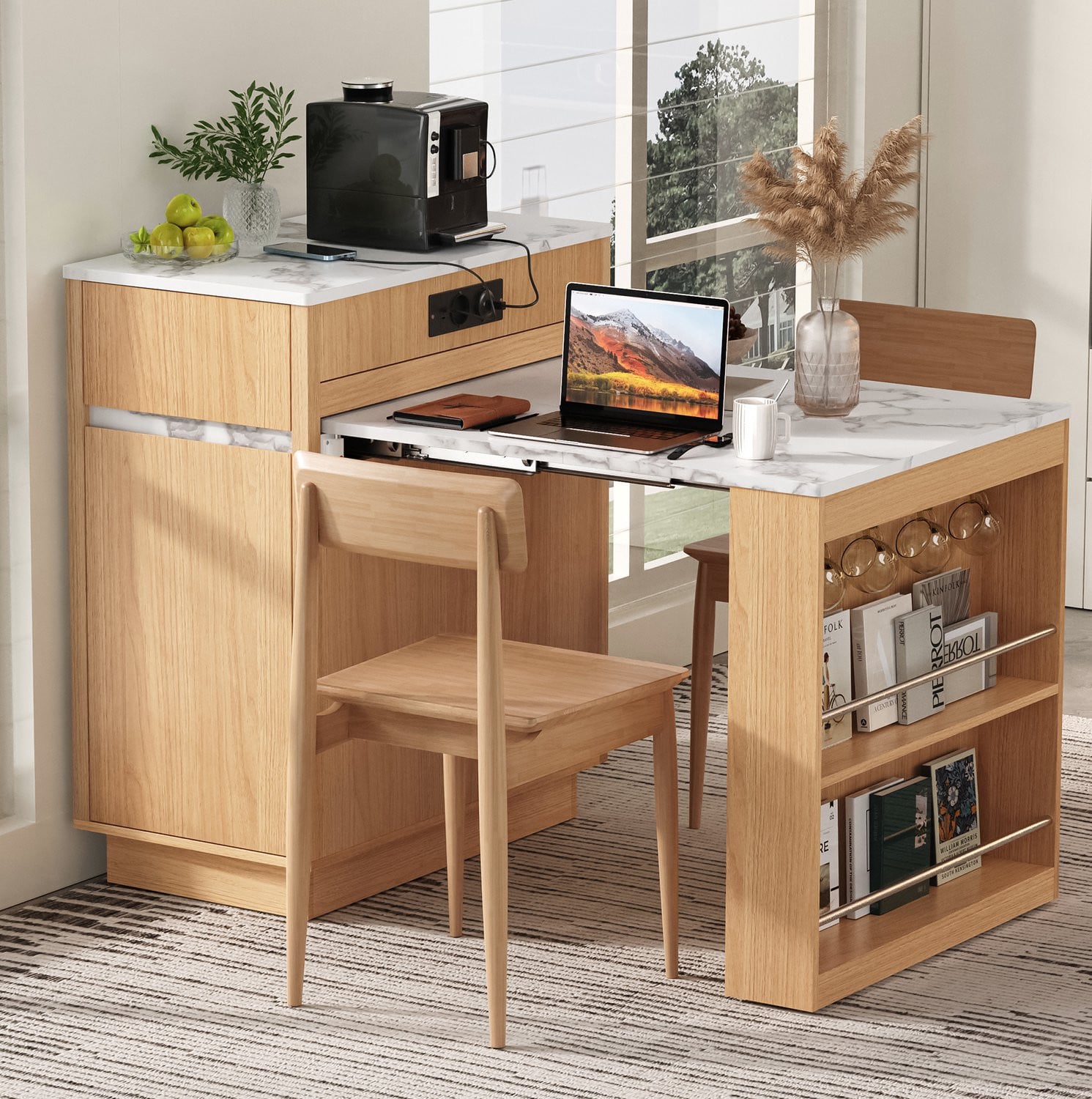 WUVRIE Uitschuibaar keukeneiland met LED, USB en opbergruimte - Naturel - Breedte: 58 tot 154 cm