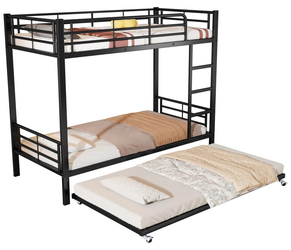Metall-Etagenbett - Mit ausziehbarem Zusatzbett - Vier Seitengitter am oberen Bett - 90 x 200 cm - Schwarz