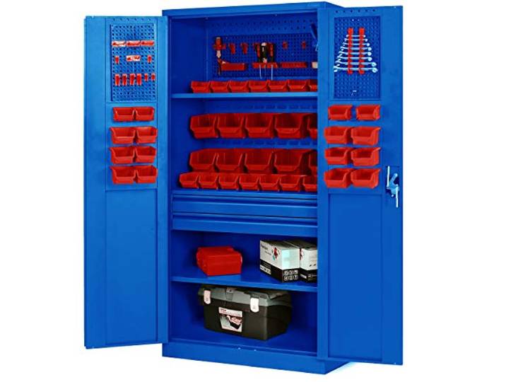 Jan Nowak Werkzeugschrank Werkstattschrank Metall TC02AM 185x92x50 cm Metallschrank mit Schubladen, Flügeltüren, 3 Fachböden, pulverbeschichteter Stahlkorpus für Werkstatt und Garage