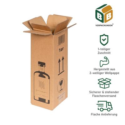 BB-Verpackungen GmbH BB-Verpackungen 50 x GIN-Flaschenversandkarton für 1 Flasche Gin (95 x 95 x 293 mm) für Transport und Versand