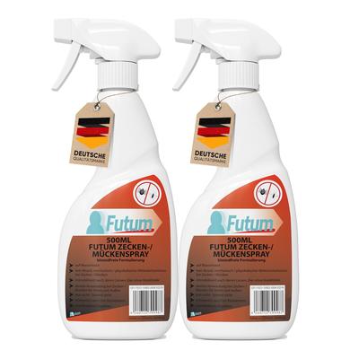 FUTUM 2x500ml Zeckenspray / Mückenspray bekämpft Insekten, Eier, Larven, Insektenspray ohne Biozide auf Wasserbasis, Sofortwirkung ohne Flecken