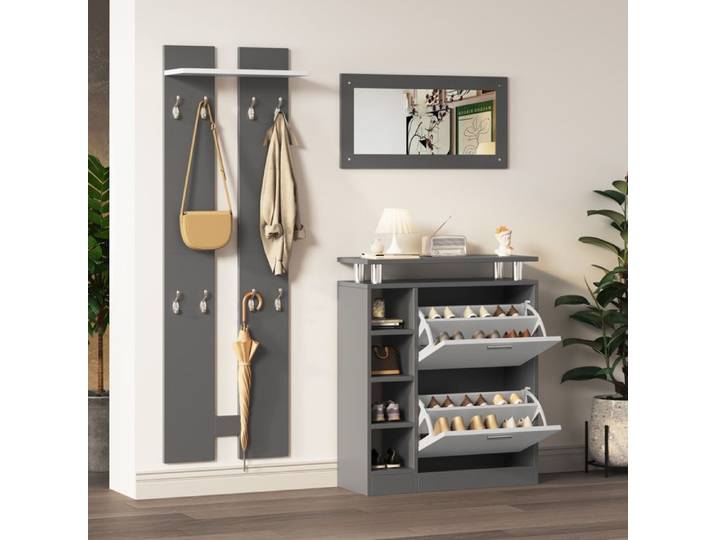 Ensemble porte-manteau mural comprenant miroir 2 panneaux muraux une étagère et un meuble à chaussures Meuble d'entrée porte-manteau