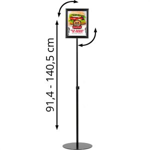 Update-Displays Infoständer aus Aluminium, schwarz, A4, 91-140 cm höhenverstellbar, Hoch- oder Querformat, beidseitig
