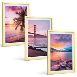 BILDER SET 3er Set - 40x60 cm Goldrahmen - Sonnenuntergangsbrücke Landschaft