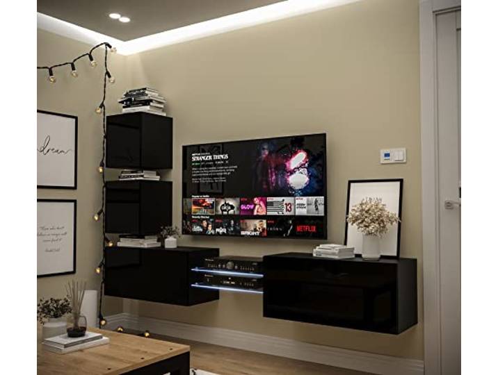 Furnitech Wohnwand Wohnzimmer Hängend Wohnwand Modern Wohnzimmer Schrankwand mit Regale und TV Schrank Wohnzimmer Möbel ohne LED (AN100-21B-HG1-1B)