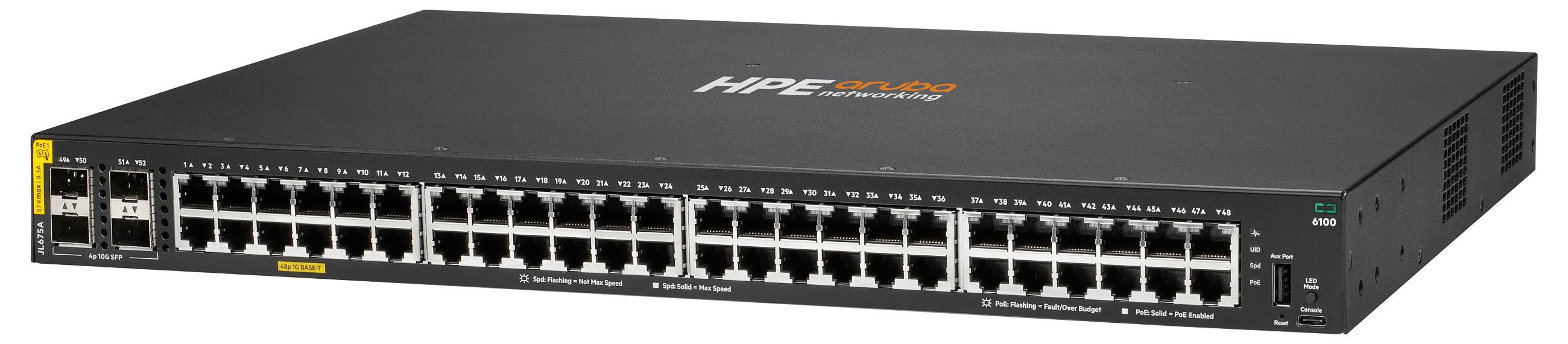 HPE Aruba Networking Networking CX6100 48G Class4 PoE 4SFP+ 370W Switch, Managed, L3, Gigabit Ethernet (10/100/1000), Power over Ethernet (PoE), Rack-Einbau, 1U