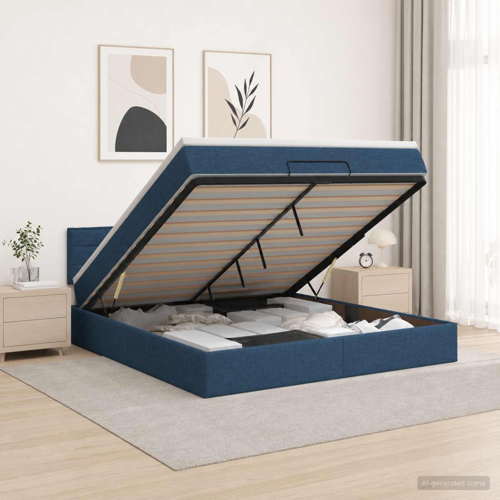 vidaXL Lit coffre avec matelas et LED Bleu 160 x 200 cm Tissu