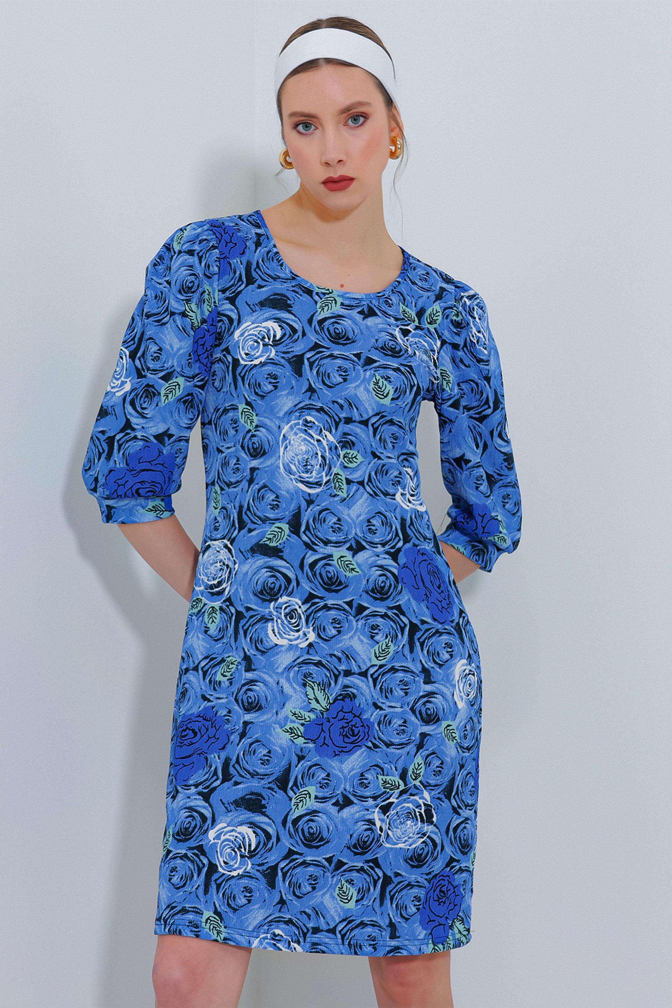 Geborduurd Bloemen Midi-jurk met Driekwart Mouwen