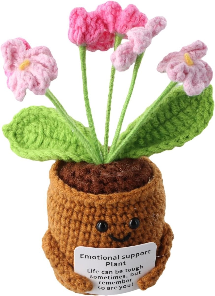 Handgemaakte positieve pop met zonnebloem, creatieve gehaakte bloemen knuffel voor volwassenen