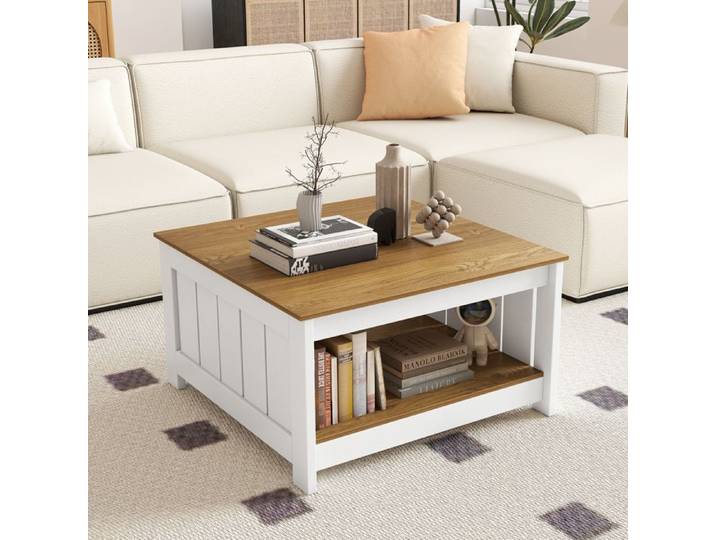 Table Basse Salon à 2 Niveaux COSTWAY Étagère de Rangement Table Cocktail Carrée Rustique pour Chambre Salon Bureau Bar