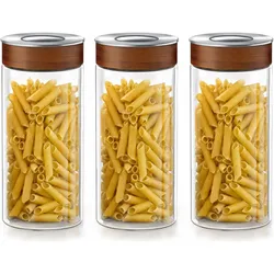 Arendo Vorratsgläser 3er Set 1300 ml Borosilikatglas, luftdicht, Klickdeckel mit Akazienholzring, Vorratsbehälter, Transparent