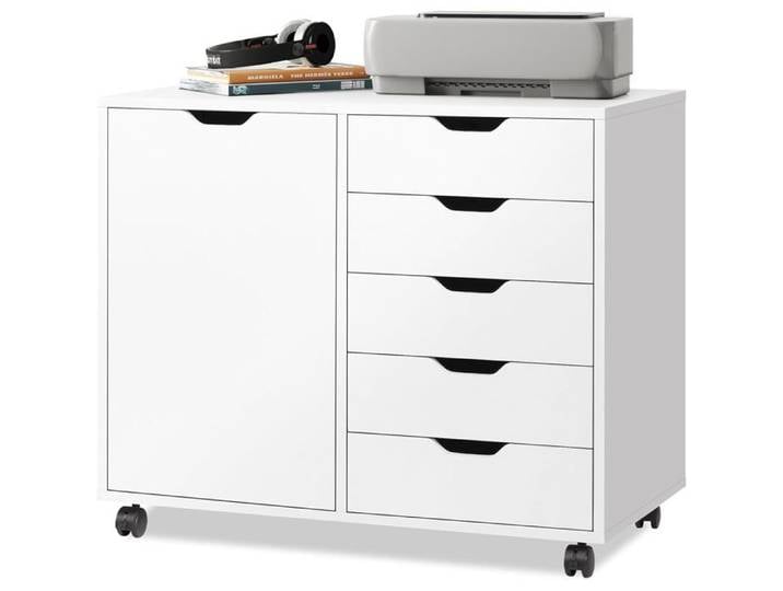 DEVAISE Meuble de bureau Caisson 5 tiroirs et Armoire 2 niveaux Blanc avec support imprimante
