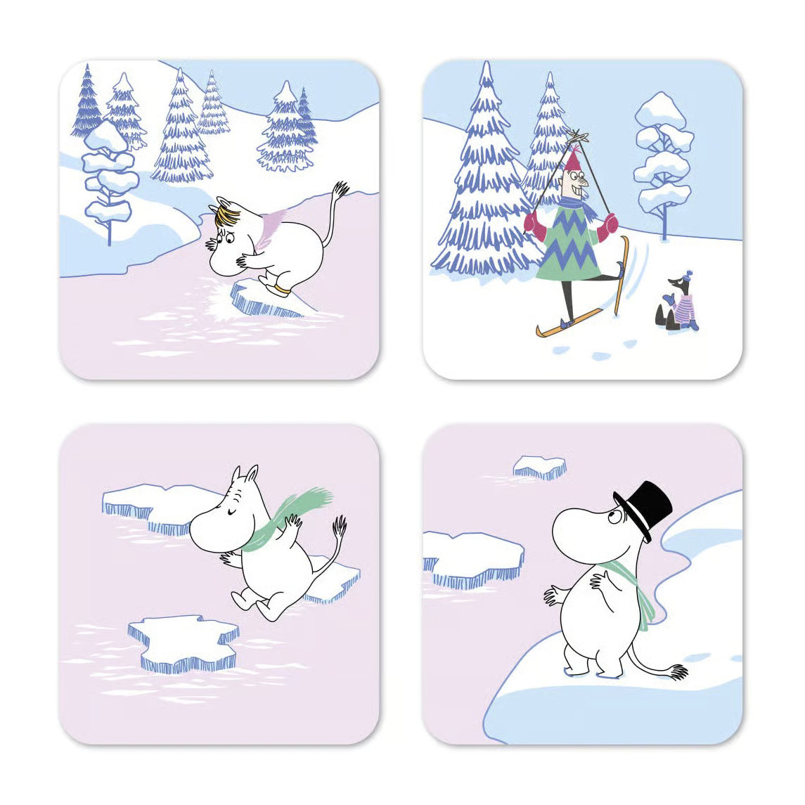 Opto Design Moomin glasonderzetter winter 2022, 4-pack, Blauw-wit-roze, 9 x 9 cm