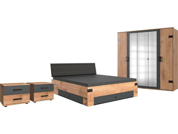 Wimex Schlafzimmer-Set Stockholm, rustikaler Look im Industrial Design, (Set), 6-teilig, Kleiderschrank mit Spiegel, Bett inklusive Schubladen