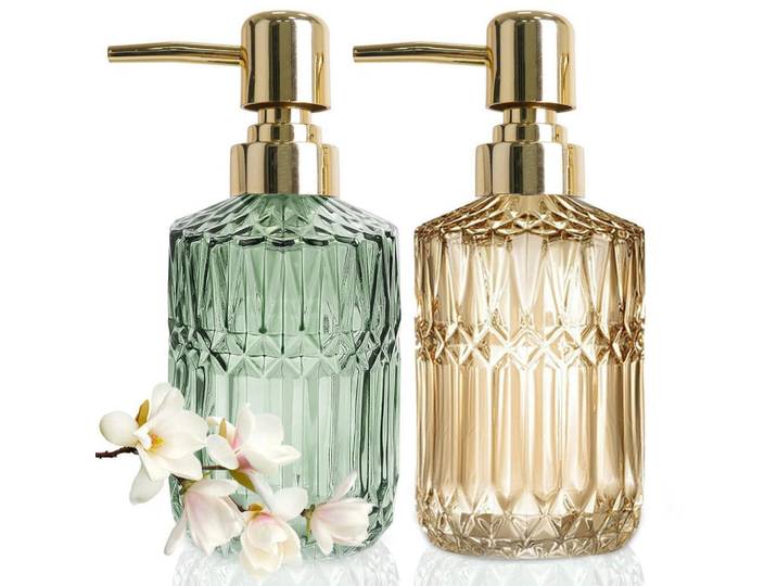 Seifenspender 2er Set Glas Grün Gold 390ml, 8x8x22 cm, Badaccessoires, Seifenspender