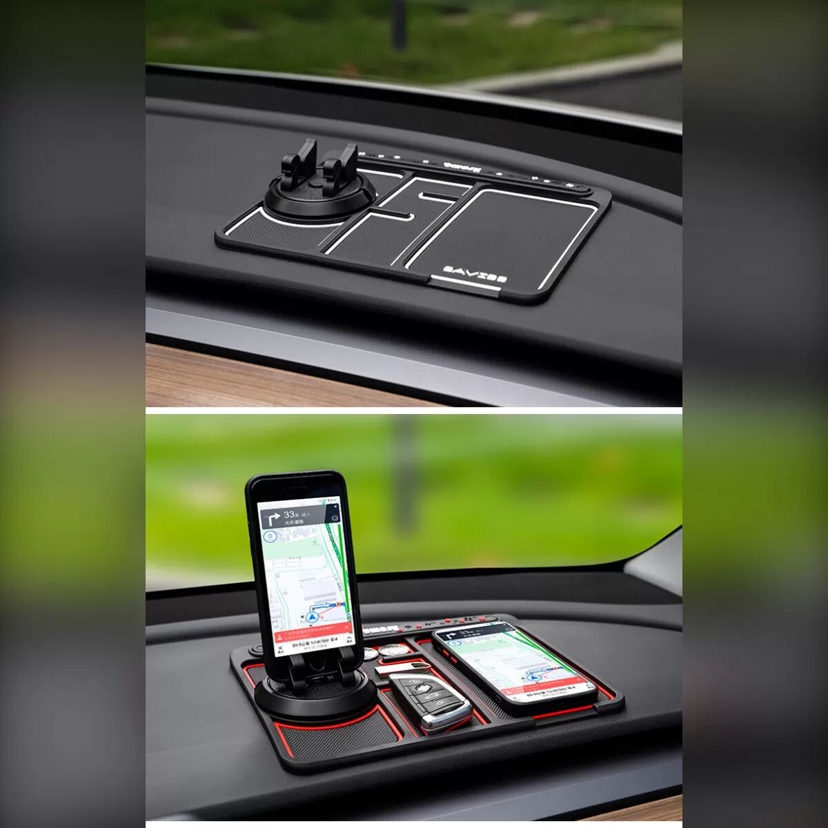 INF 4-in-1 Auto-Anti-Rutsch-Armaturenbrett-Matte mit 360° drehbarem Handyhalter, versteckter Parknummerntafel, Aromatherapie Schwarz-Weiss