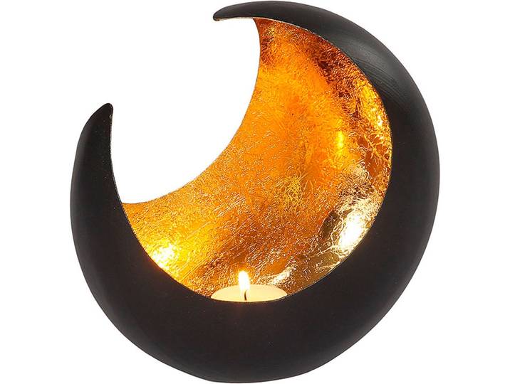 Teelichthalter AMBIENTE HAUS Teelichthalter in Form eines Halbmond , schwarz (schwarz, gold), B:20cm H:19cm T:11cm, Eisen, Kerzenhalter, Teelichthalter