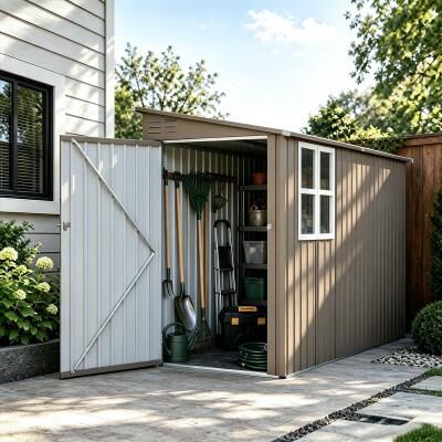 Kodotan sofa 4*9FT Olive Grey Outdoor Metal Storage Shed, Galvanized Thick Frame Color Steel Tool House with Light-transmitting Window