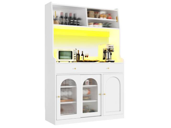 Buffet de cuisine haut blanc LED couleurs variables 120x40x180 cm avec 2 tiroirs et portes vitrées FOLYNA
