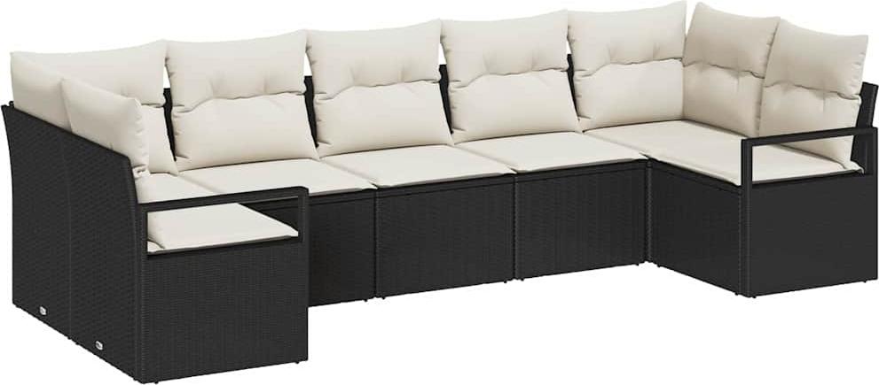 Sofa Set mit Kissen 7 pcs Schwarz Poly Rattan