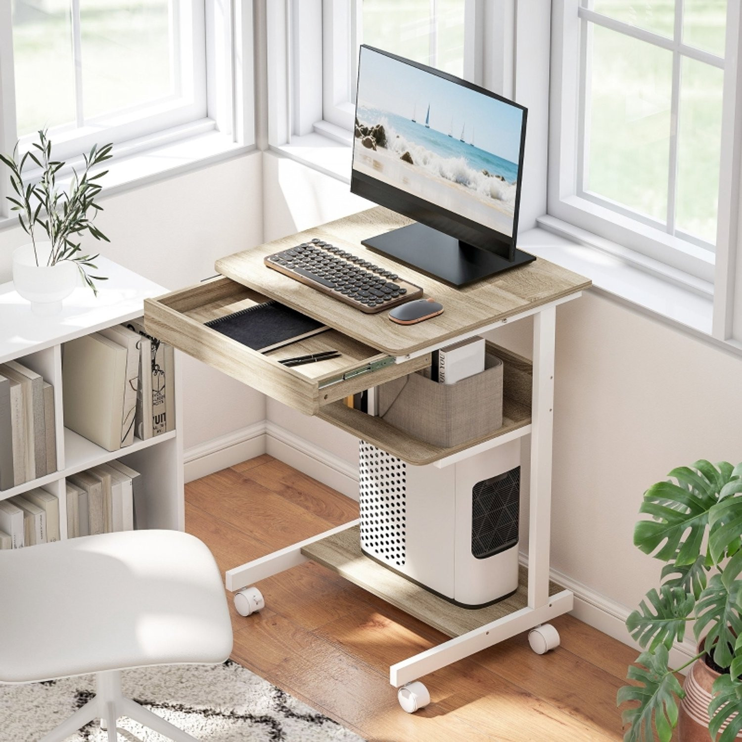 CHICFURN Verrijdbaar Bureau met lade en planken - Eiken