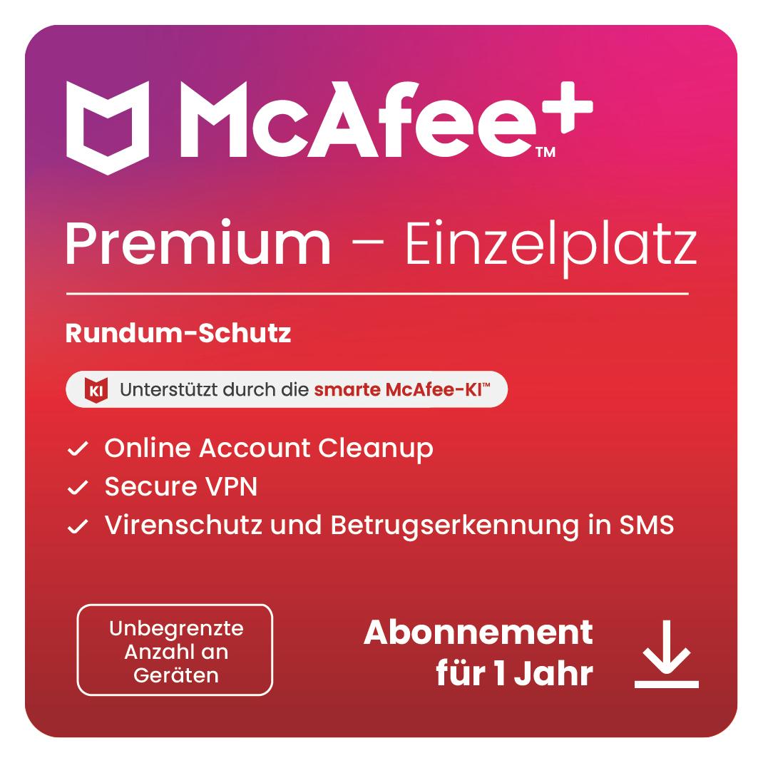 McAfee + Premium Einzelplatz (Unbegrenzte Anzahl von Geräten) (1 User, 1 Geräte/User, 12 Monate) (MPP31MNRURFYD)