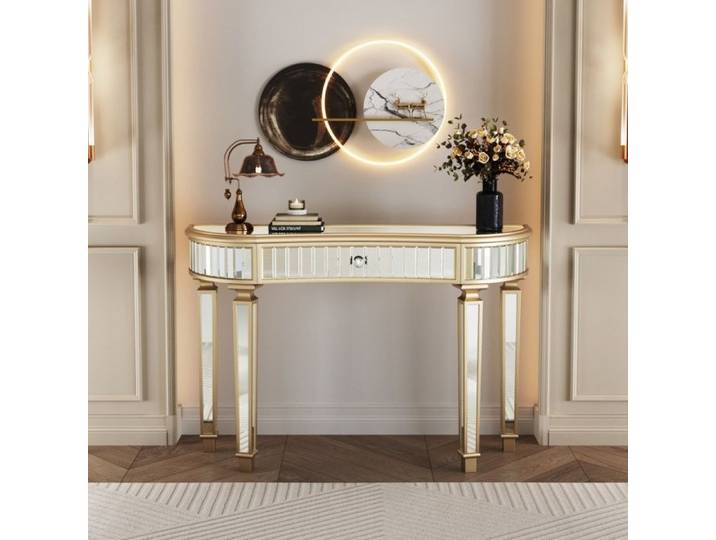 Console Demi-Lune Miroir Moderne avec Tiroir - 120x38x78cm - Table d'Entrée Coiffeuse Chic Effet Brillant - Or et Argent
