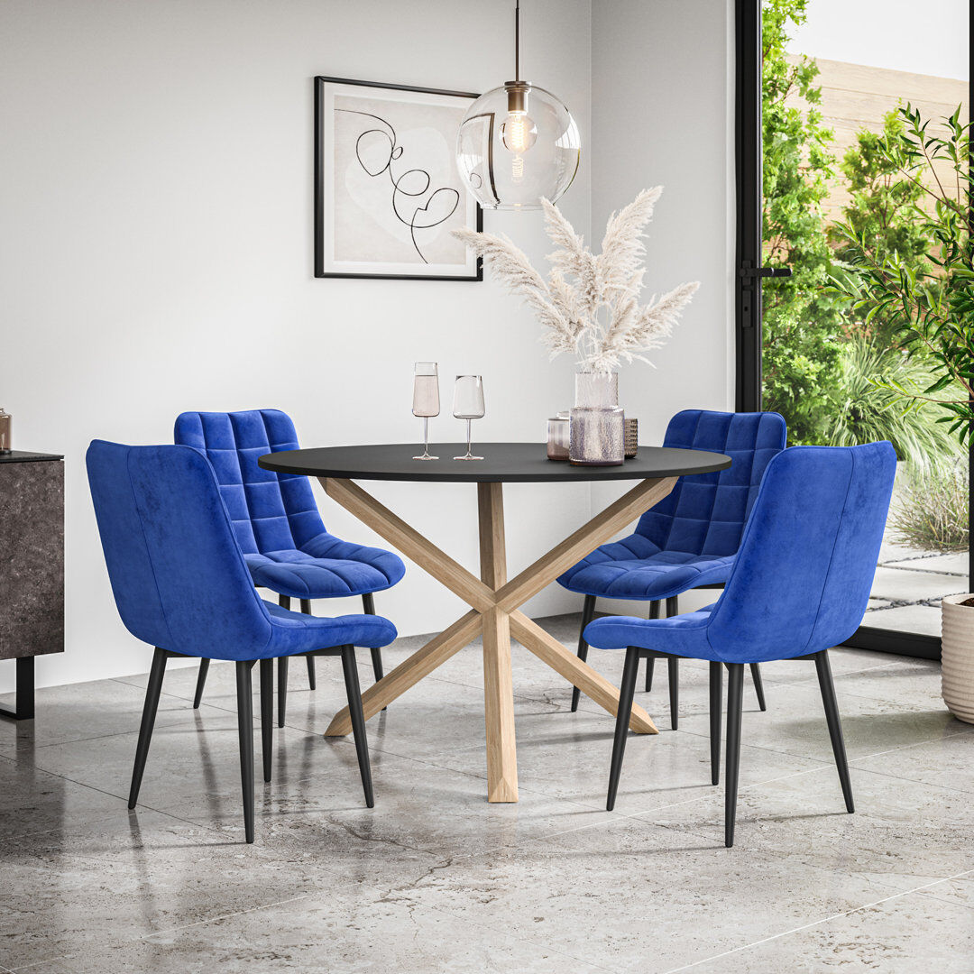 Metro Darcus 120cm Round Dining Table Set with 4 Nova Velvet Chairs Black/Oak/Blue 4