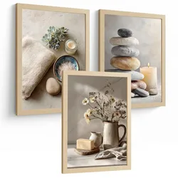 POSTER 3er-Set dekorative Badezimmer Kunstdrucke, Zen-Spa-Stil, minimalistische Bilder mit Steinen, Kerzen und Blumen, Leichter Holzrahmen A4