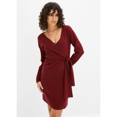 Strickkleid BONPRIX, Damen, Gr. 40/42 (M), N-Gr, Langarm, rot (kastanienrot), Obermaterial: 50% Viskose, 26% Polyamid, 24% Polyester, slim fit, Kleider Strickkleid, in Wickeloptik, mit V-Ausschnitt, slim fit