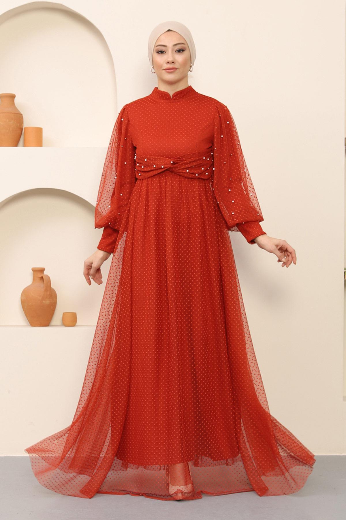 Parel Detailed Tule Avondjurk Terracotta