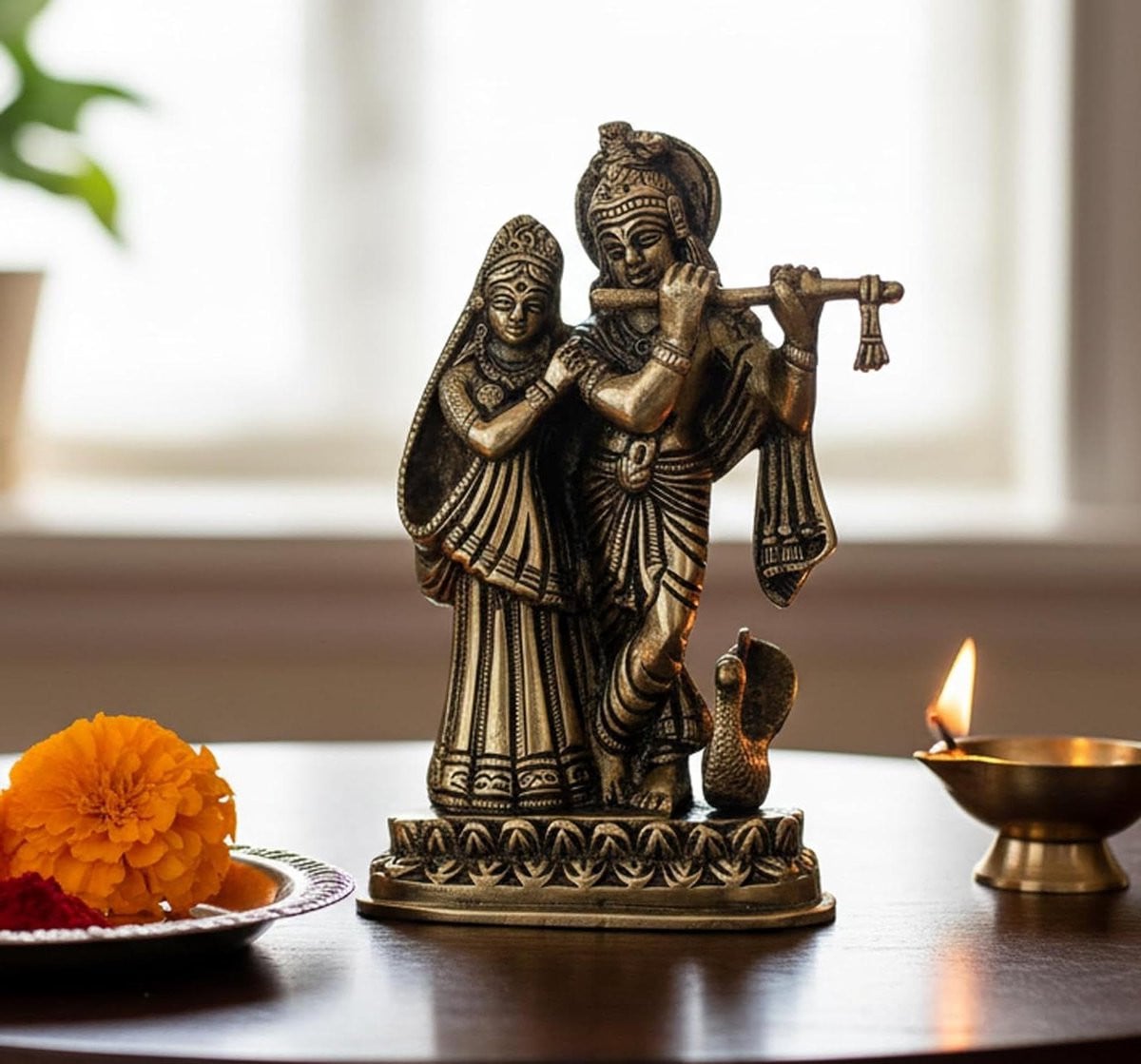 Handgemaakt Messing Radha Krishna Beeld - Goudkleurig Liefdespaar - Hoogte: 15 cm