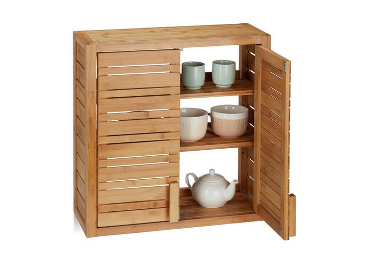 Relaxdays Wandschrank Natur Bambus 2 Türen, Hellbraun, Holz, 56x56.5x21 cm, Badezimmer, Badezimmerschränke, Hängeschränke