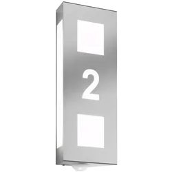 CMD Creative Metalldesign Hausnummern-Leuchte, IP44, mit Bewegungsmelder, für bis zu 2 Ziffern (Ausschnitt), E27, Edelstahl / Opalglas, gebürstet CMD-26/HN/BM