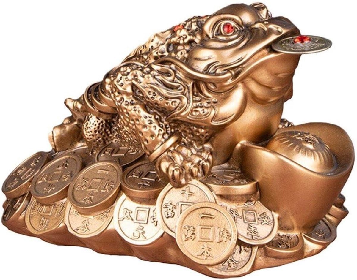 Goudkleurig Geld Kikker Ornament - Feng Shui Geluksbeeldje voor Rijkdom - Hoogte: 12 cm