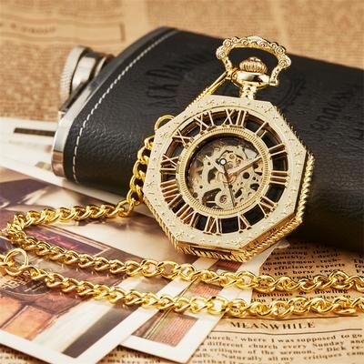 ModernMart Luxury Mechanical Skeleton Pocket Watch With Chain Vintage Steampunk Roman Dial Gold c