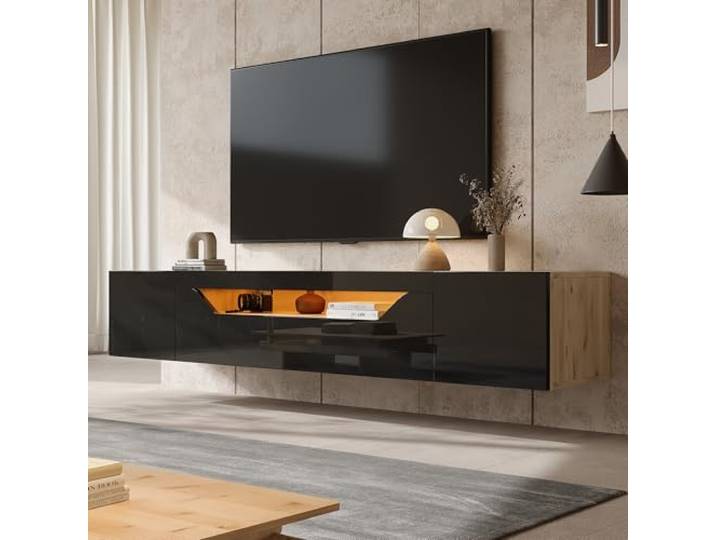 Merax TV Schank, Lowboard Hochglanz hängend mit LED, TV Board Fernseherschank mit Falttür, TV-Ständer für 75-Zoll-Fernseher, Wandmontierte TV-Regale 180cm für Wohnzimmer, Esszimmer, Schwarz&Holzfarbe