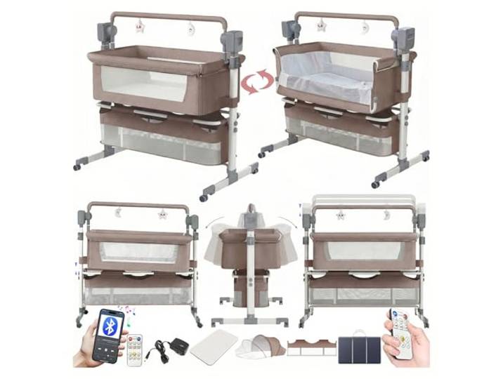 Magic ZC Elektrische Bluetooth Intelligent Beistellbett Baby mit Rollen, Faltbar Co-Sleeping Babybett, Fernbedienung und 5-schwankende Zahnräder, Stubenwagen Kleinkind Wiege mit Musik (601 Khaki)
